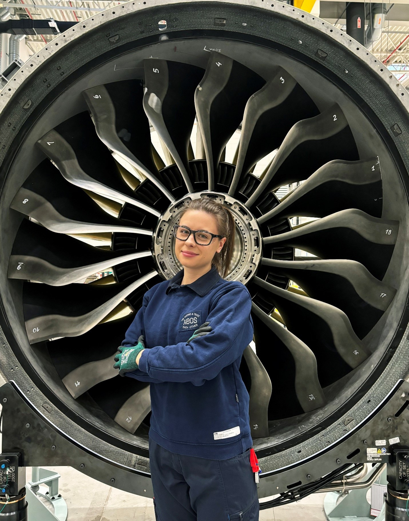 Women standing in front of airplane engine